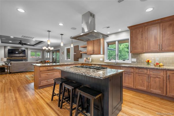 Chandelier, Interior, Kitchen, Pendant Lights, Recessed Lighting, Stainless Steel Appliances, Wood Texture Flooring