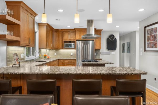 Interior, Kitchen, Pendant Lights, Recessed Lighting, Stainless Steel Appliances, Wood Texture Flooring