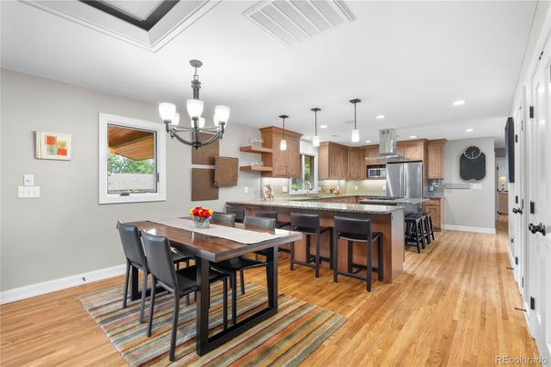 Dining room, Interior, Kitchen, Pendant Lights, Recessed Lighting, Stainless Steel Appliances, Wood Texture Flooring