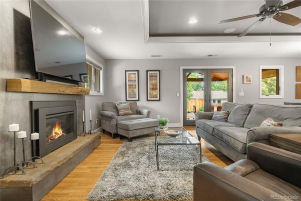 Fireplace, Interior, Living room, Recessed Lighting, Wood Texture Flooring