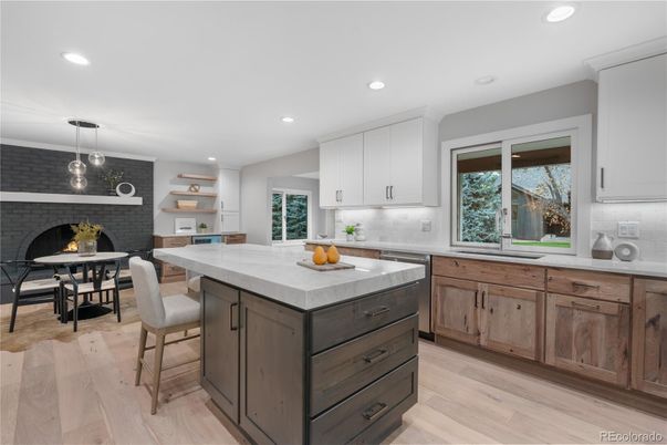 Dining room, Fireplace, Interior, Kitchen, Pendant Lights, Recessed Lighting, Stone Walls, Wood Texture Flooring