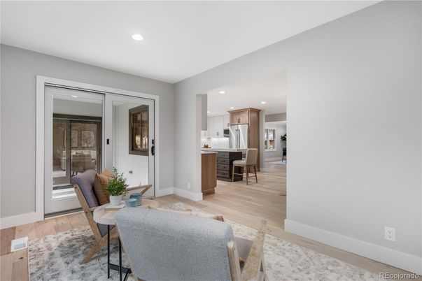 Dining room, Interior, Kitchen, Recessed Lighting, Stainless Steel Appliances, Wood Texture Flooring