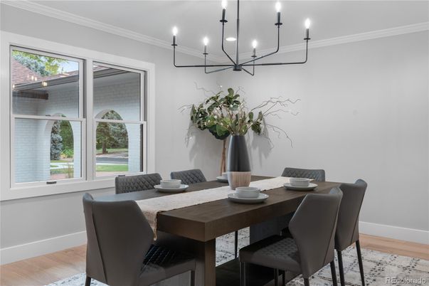 Chandelier, Dining room, Interior, Wood Texture Flooring