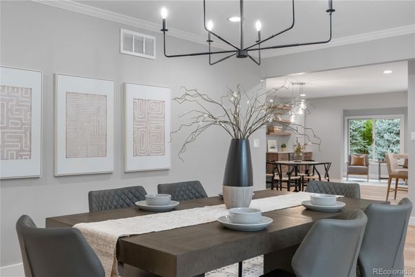 Chandelier, Dining room, Interior, Pendant Lights, Recessed Lighting, Wood Texture Flooring