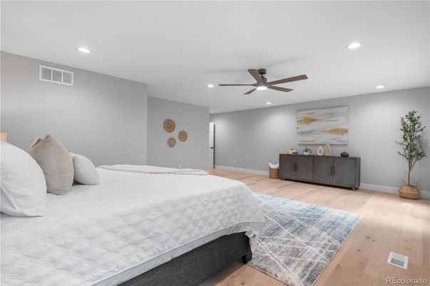 Bedroom, Interior, Recessed Lighting, Wood Texture Flooring