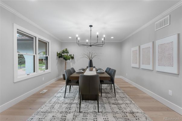 Dining room, Interior, Pendant Lights, Recessed Lighting, Wood Texture Flooring