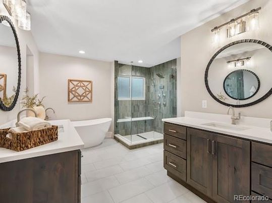 Bathroom, Dual Sink Vanities, Free Standing Baths, Glass Shower, Interior, Recessed Lighting