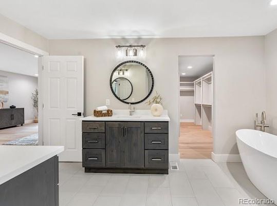 Bathroom, Dual Sink Vanities, Free Standing Baths, Interior, Recessed Lighting, Wood Texture Flooring