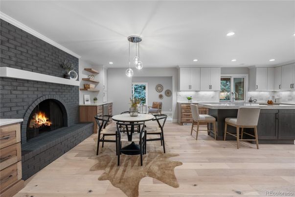 Dining room, Fireplace, Interior, Kitchen, Pendant Lights, Recessed Lighting, Wood Texture Flooring