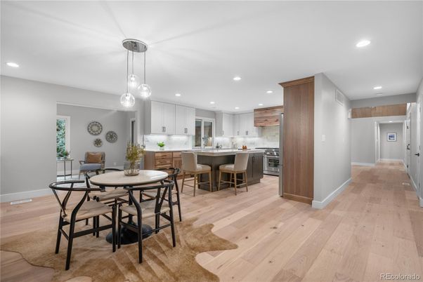 Dining room, Interior, Kitchen, Pendant Lights, Recessed Lighting, Wood Texture Flooring