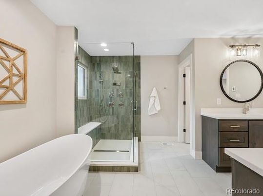 Bathroom, Free Standing Baths, Glass Shower, Interior, Recessed Lighting