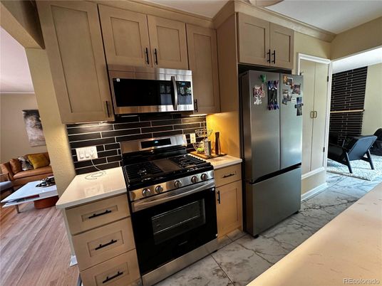 Interior, Kitchen, Marble, Stainless Steel Appliances, Wood Texture Flooring