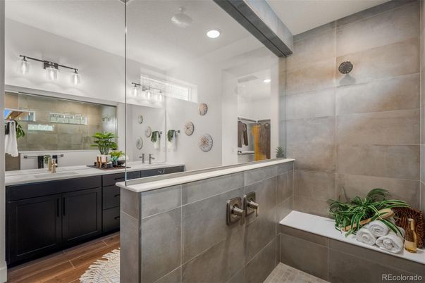 Bathroom, Dual Sink Vanities, Interior, Recessed Lighting, Wood Texture Flooring