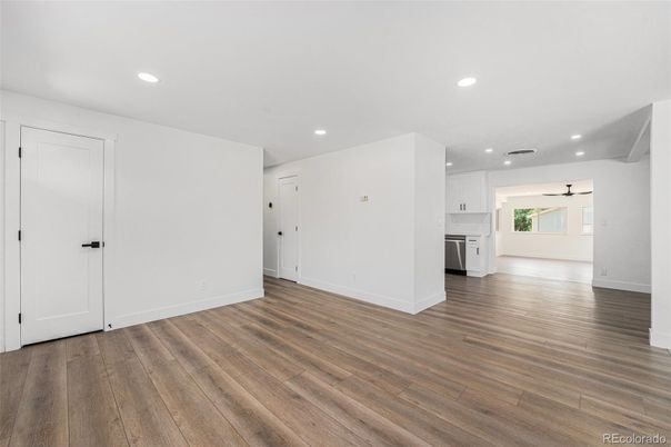 Empty room, Interior, Kitchen, Recessed Lighting, Wood Texture Flooring