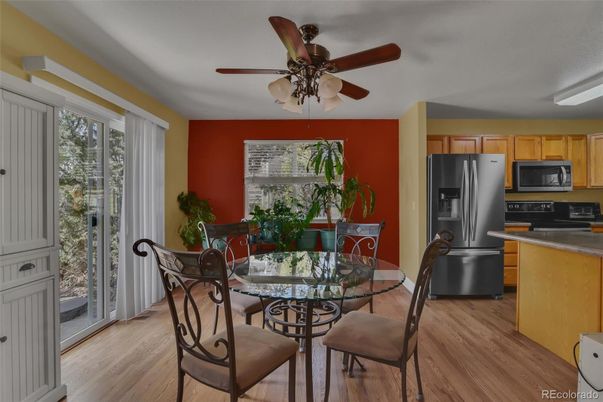 Dining room, Interior, Kitchen, Stainless Steel Appliances, Wood Texture Flooring