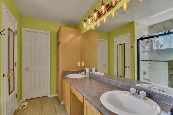 Bathroom, Dual Sink Vanities, Interior, Marble Walls, Wood Texture Flooring