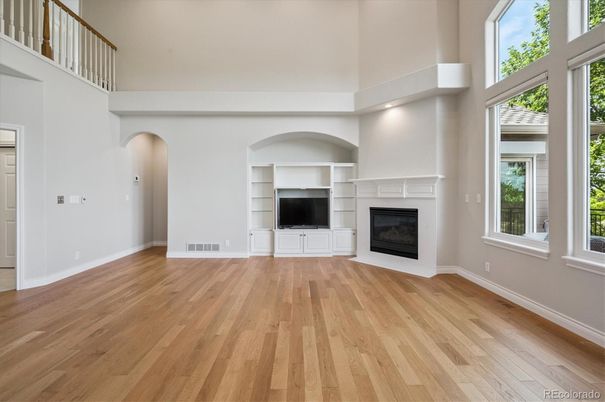 Empty room, Fireplace, Interior, Recessed Lighting, Wood Texture Flooring