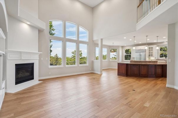 Fireplace, Interior, Pendant Lights, Recessed Lighting, Wood Texture Flooring