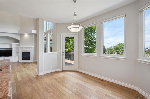 Empty room, Fireplace, Interior, Pendant Lights, Wood Texture Flooring