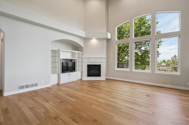 Empty room, Fireplace, Interior, Recessed Lighting, Wood Texture Flooring