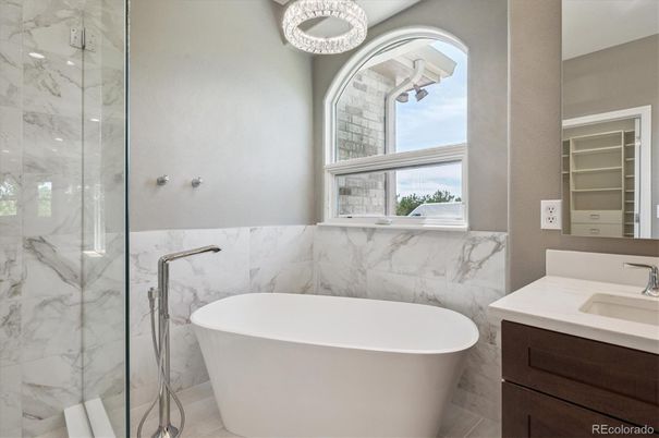 Bathroom, Free Standing Baths, Glass Shower, Interior, Marble Walls