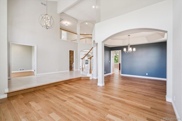 Chandelier, Empty room, Interior, Pendant Lights, Recessed Lighting, Wood Texture Flooring