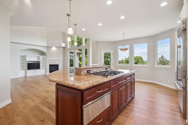 Fireplace, Interior, Kitchen, Pendant Lights, Recessed Lighting, Wood Texture Flooring