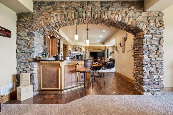 Interior, Pendant Lights, Recessed Lighting, Stone Walls, Wood Texture Flooring
