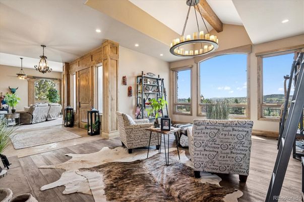 Chandelier, Interior, Living room, Pendant Lights, Recessed Lighting, Wooden Beams, Wood Texture Flooring