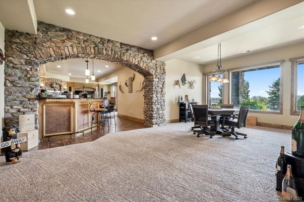 Dining room, Interior, Kitchen, Pendant Lights, Recessed Lighting, Stone Walls, Wood Texture Flooring