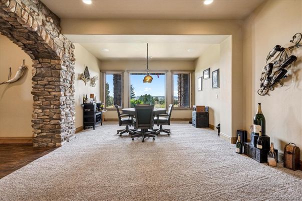 Dining room, Interior, Pendant Lights, Recessed Lighting, Stone Walls, Wood Texture Flooring