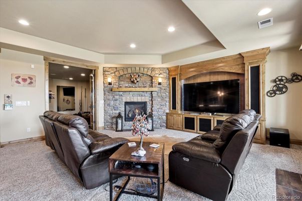Fireplace, Interior, Living room, Recessed Lighting, Stone Walls