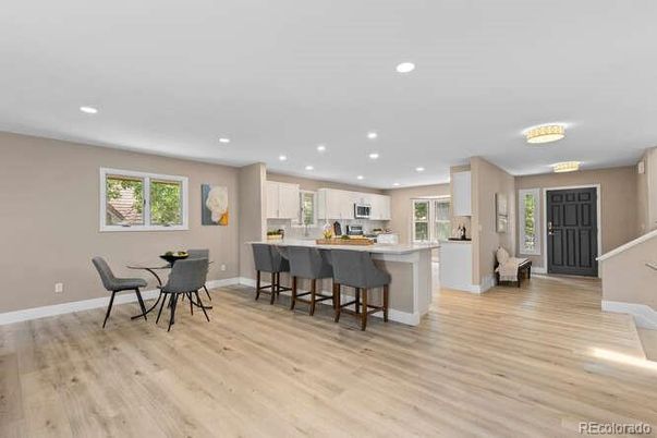 Dining room, Interior, Kitchen, Recessed Lighting, Wood Texture Flooring