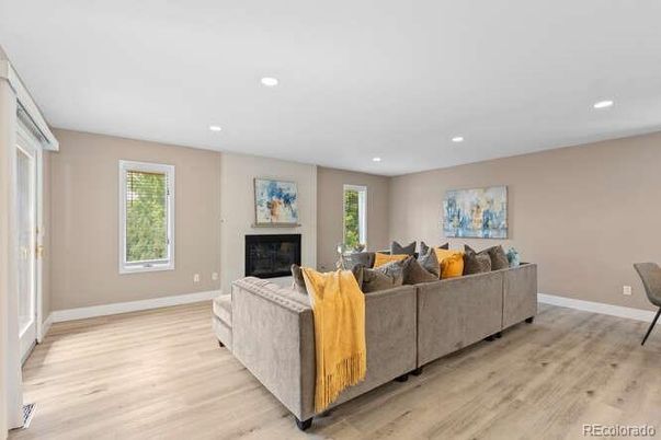 Fireplace, Interior, Living room, Recessed Lighting, Wood Texture Flooring