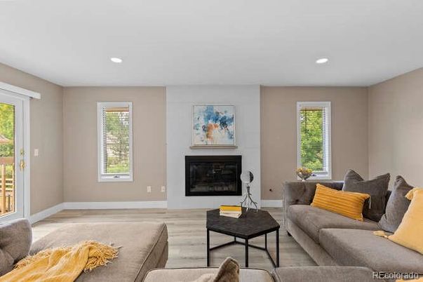 Fireplace, Interior, Living room, Recessed Lighting, Wood Texture Flooring