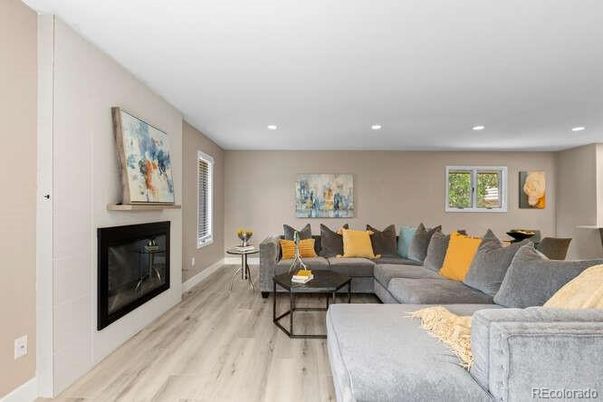 Fireplace, Interior, Living room, Recessed Lighting, Wood Texture Flooring