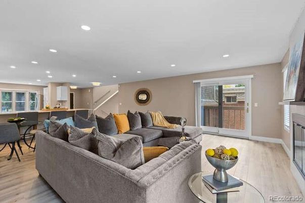 Dining room, Fireplace, Interior, Kitchen, Living room, Recessed Lighting, Wood Texture Flooring