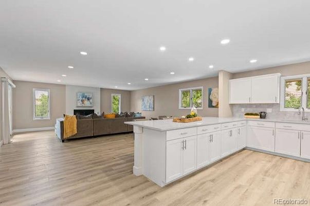 Interior, Kitchen, Living room, Recessed Lighting, Wood Texture Flooring