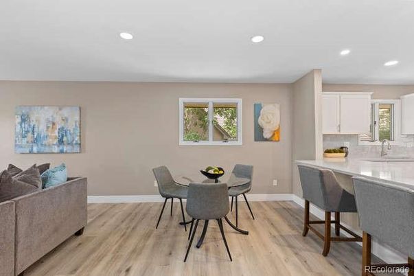 Dining room, Interior, Kitchen, Recessed Lighting, Wood Texture Flooring