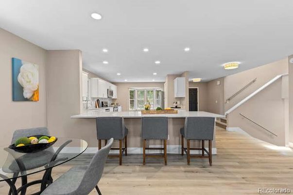 Dining room, Interior, Kitchen, Recessed Lighting, Wood Texture Flooring