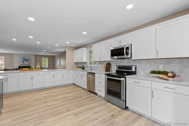 Interior, Kitchen, Recessed Lighting, Stainless Steel Appliances, Wood Texture Flooring