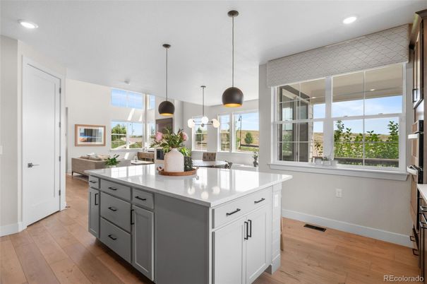 Dining room, Interior, Kitchen, Pendant Lights, Recessed Lighting, Wood Texture Flooring