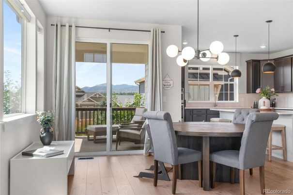 Dining room, Interior, Pendant Lights, Recessed Lighting, Wood Texture Flooring