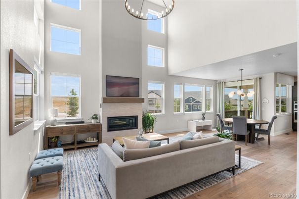 Dining room, Fireplace, Interior, Living room, Pendant Lights, Wood Texture Flooring