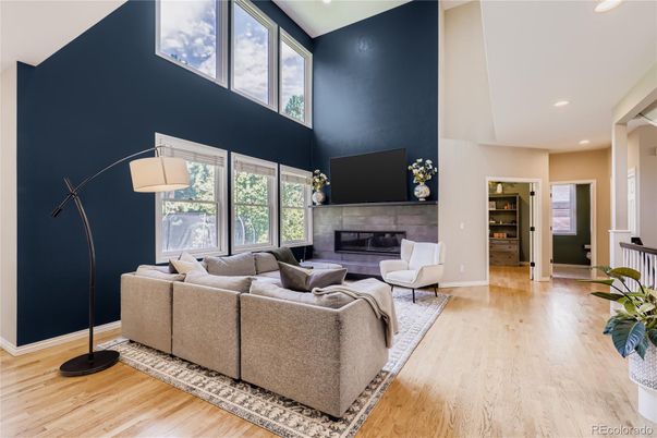 Fireplace, Interior, Living room, Recessed Lighting, Wood Texture Flooring