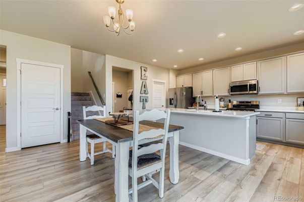 Chandelier, Dining room, Interior, Kitchen, Recessed Lighting, Wood Texture Flooring