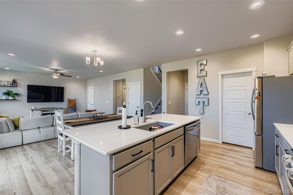 Chandelier, Interior, Kitchen, Living room, Recessed Lighting, Wood Texture Flooring