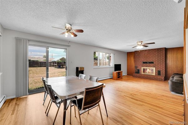 Dining room, Fireplace, Interior, Stone Walls, Wood Texture Flooring