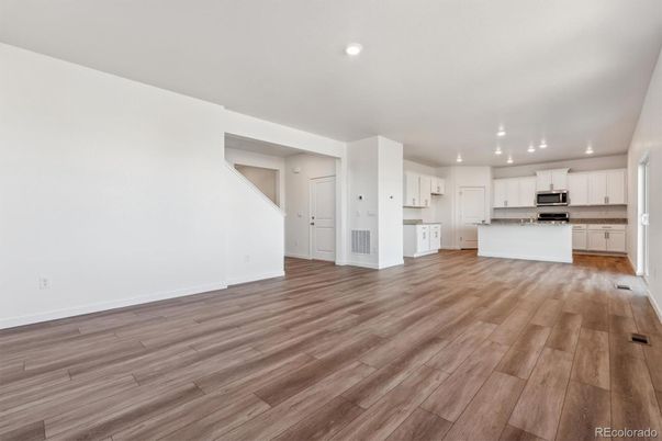 Empty room, Interior, Kitchen, Recessed Lighting, Wood Texture Flooring