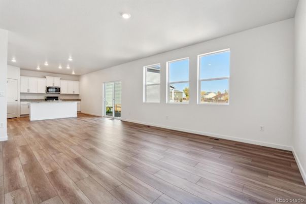 Empty room, Interior, Kitchen, Recessed Lighting, Wood Texture Flooring